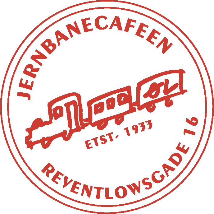 Rød logo med tekst 'Jernbanecafen', et filmenog grafik af et tog, 'ETST - 1933', og adressen 'Reventlowsgade 16'.