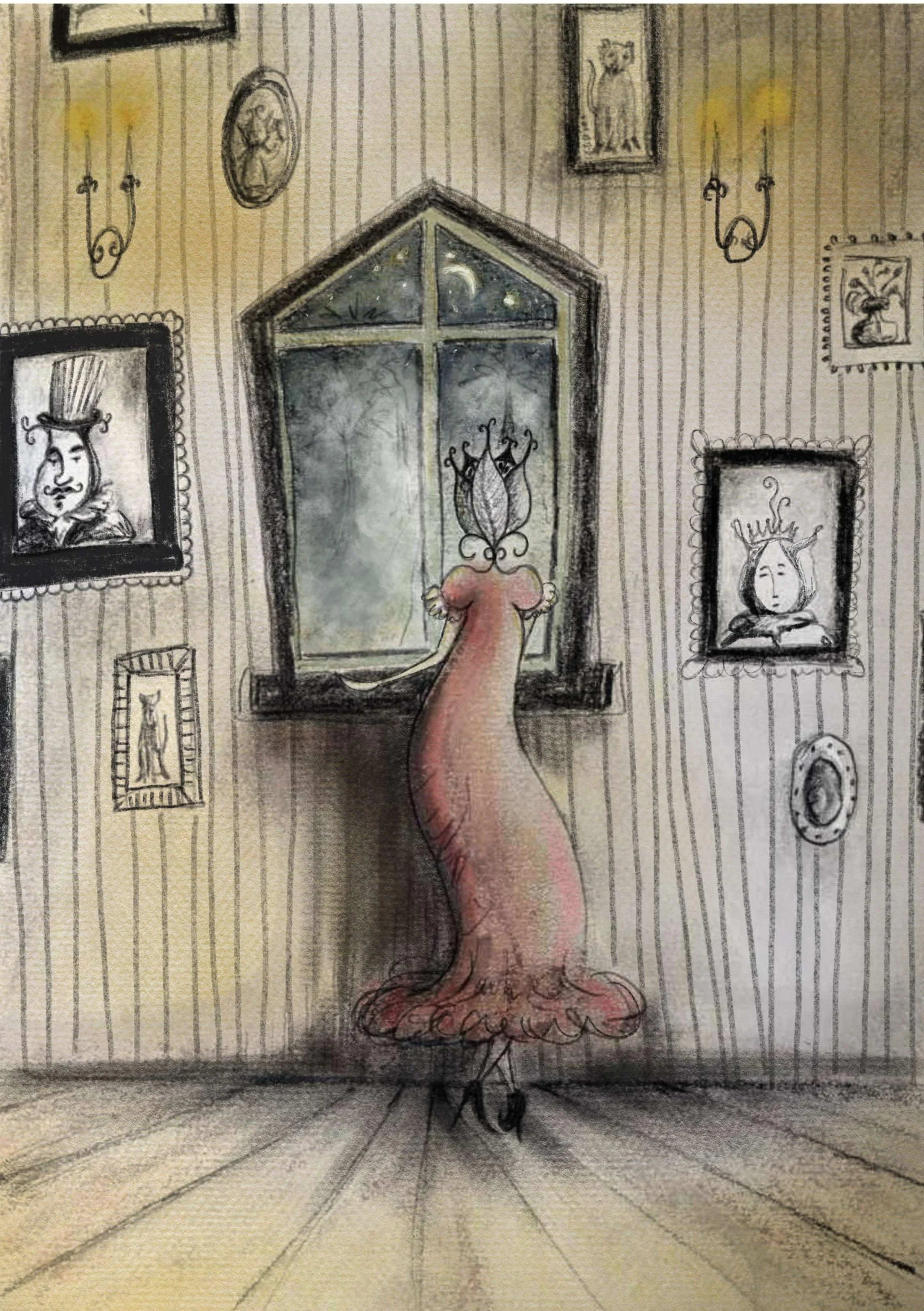 'Mist'
'The Lady looks out of the window onto a world hidden by thick mist. She see's a mysterious shadow moving in the distance, and is curious about what it could be'