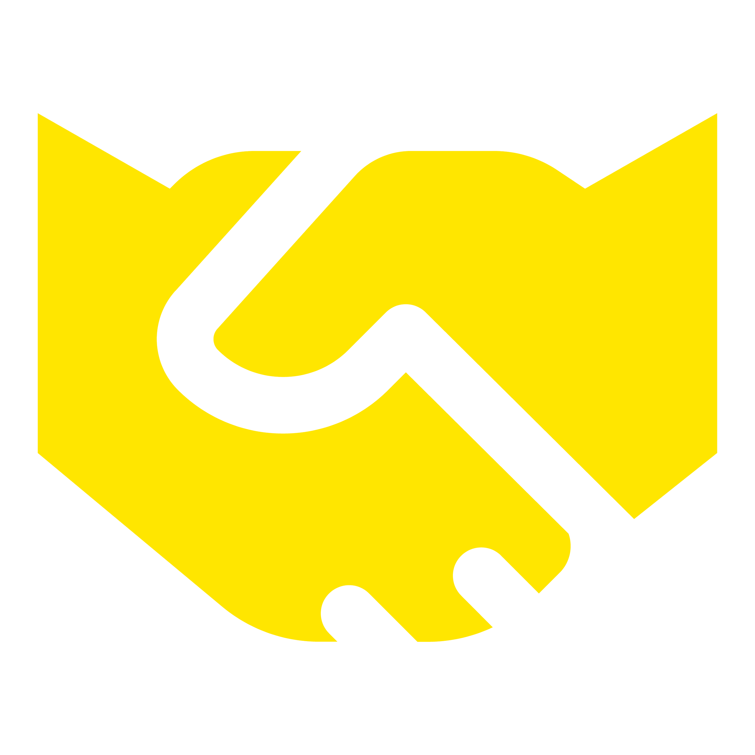 Yellow and black logo of a handshake inside a shield shape.