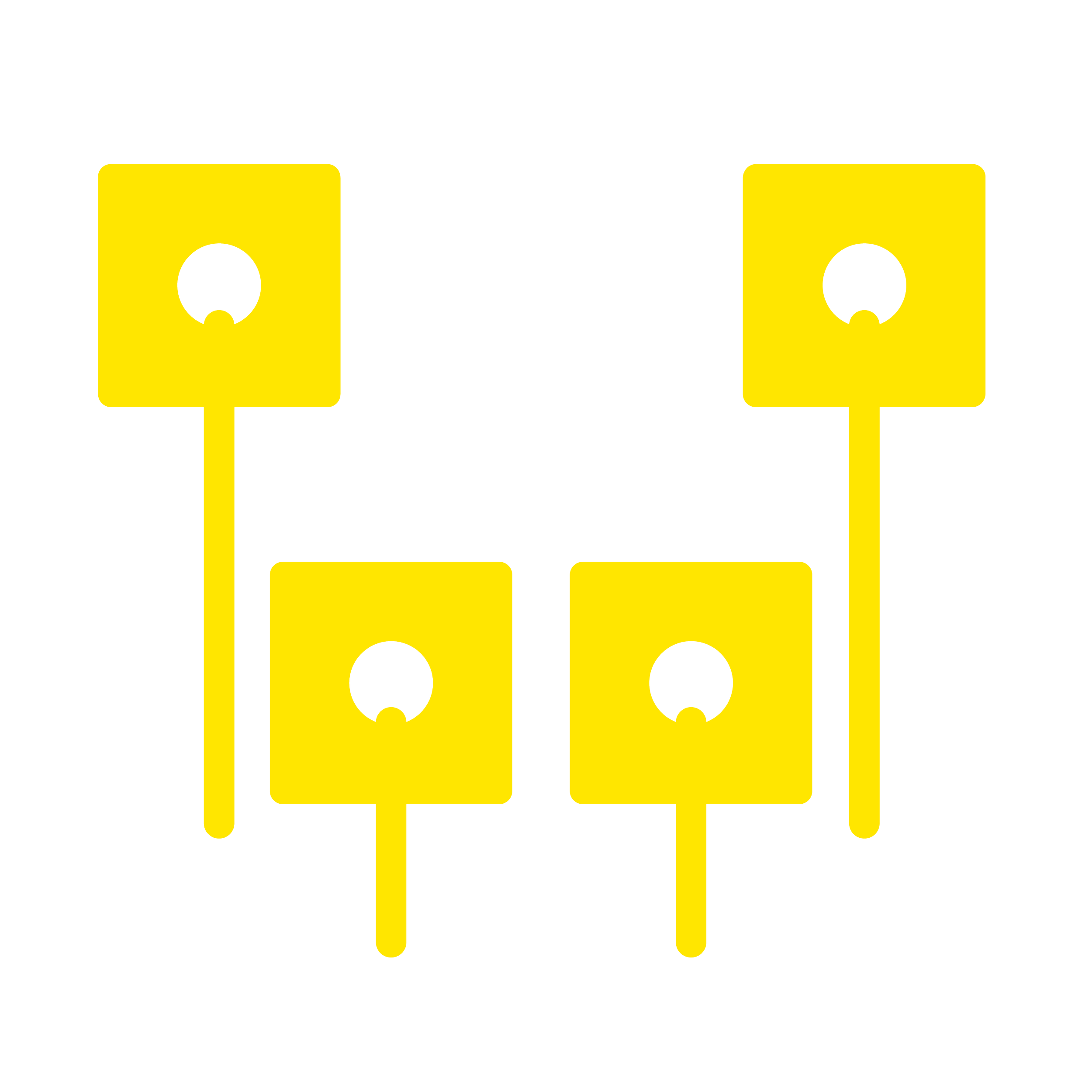 Simplified diagram of a stereo speaker setup with four yellow speakers connected to a black amplifier.