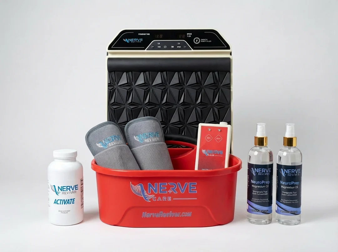 A nerve pain relief kit with a black electronic device, two gray wraps, a red container, and three bottles of nerve recovery medication, set against a plain white background.