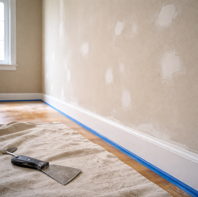 roller smoothing fresh paint over sanded white wall