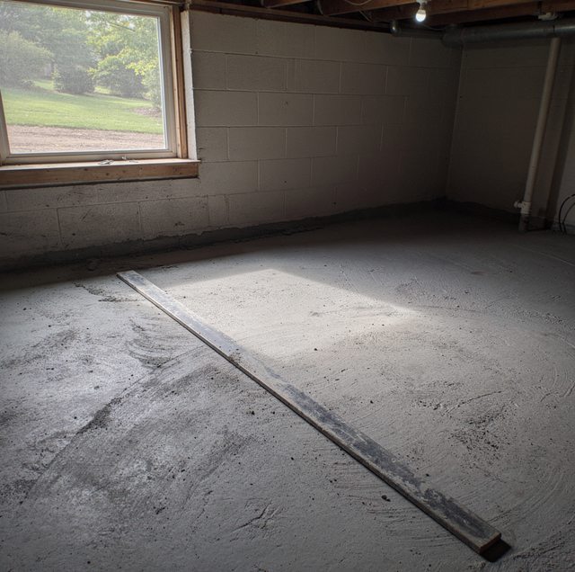 Bare subfloor with dips being leveled before new plank install