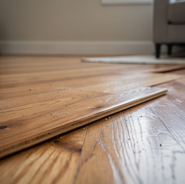 Hardwood floorboards cupping upward at edges after moisture