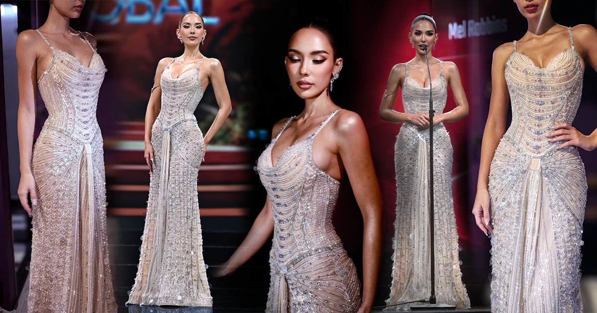 Saffron Maya Snook wearing a silver-white couture evening gown by designer Maxy Harnsongkram of MAXY LALA at Miss Global 2026.