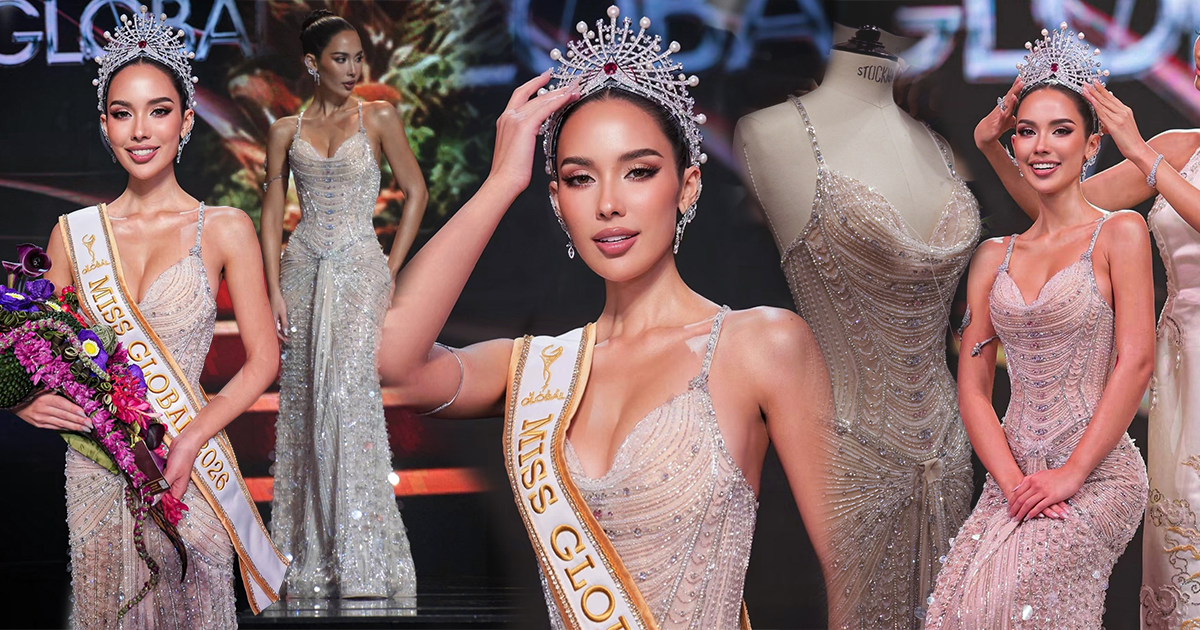 Miss Global 2026 winner Saffron Maya Snook wearing a silver-white evening gown designed by Maxy Harnsongkram of MAXY LALA.