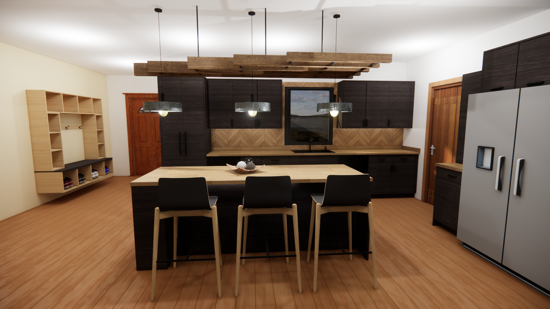 Modern kitchen with wooden accents, black cabinetry, a large island with seating, pendant lighting, and hardwood flooring.
