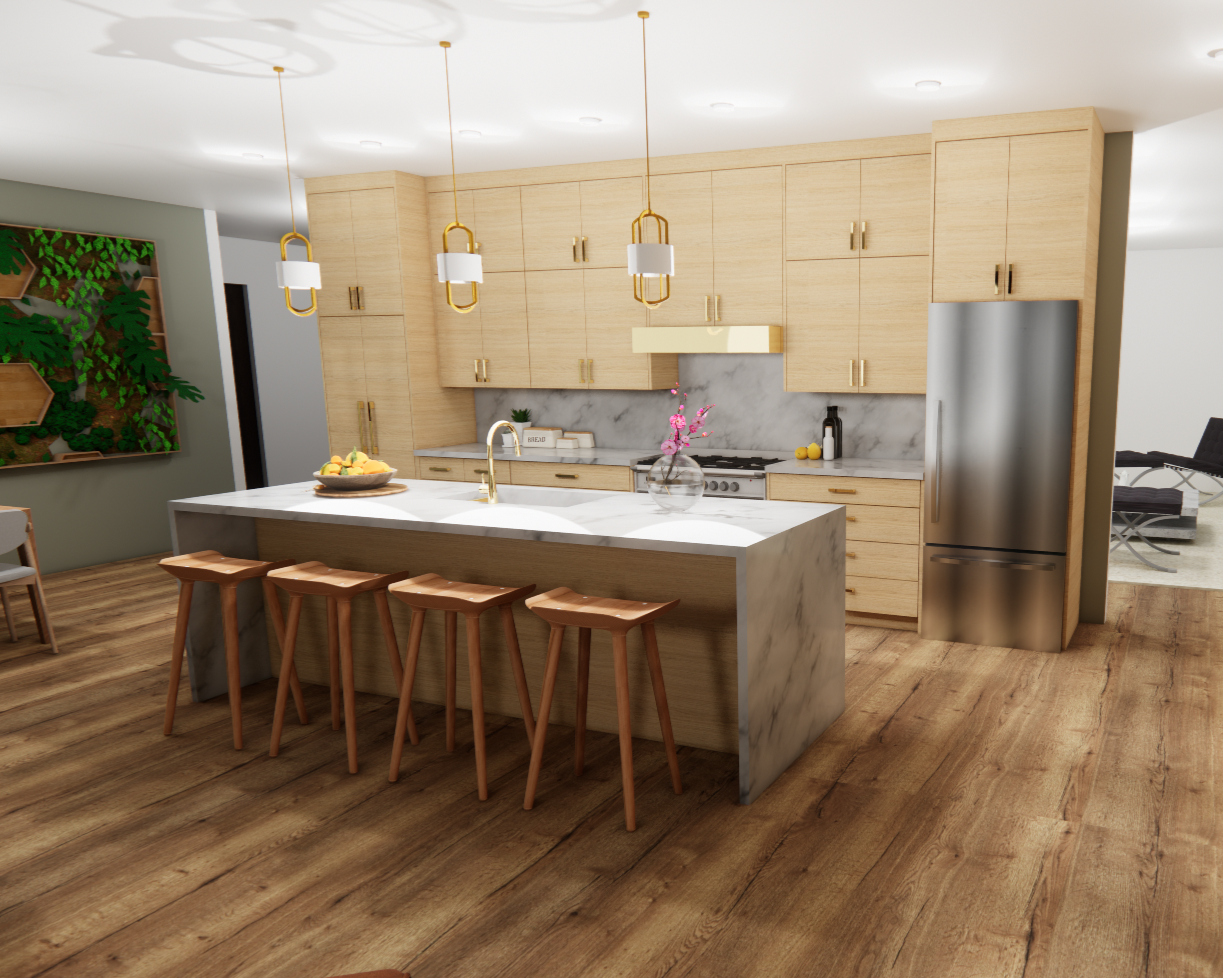 Modern kitchen with light wood cabinets, marble countertops, and hanging pendant lights. An island with a marble top has four wooden stools, a gold faucet, and a bowl of fruit. There is a stainless steel refrigerator, a gas stove, a vase with pink flowers, and a green wall decor on the left.