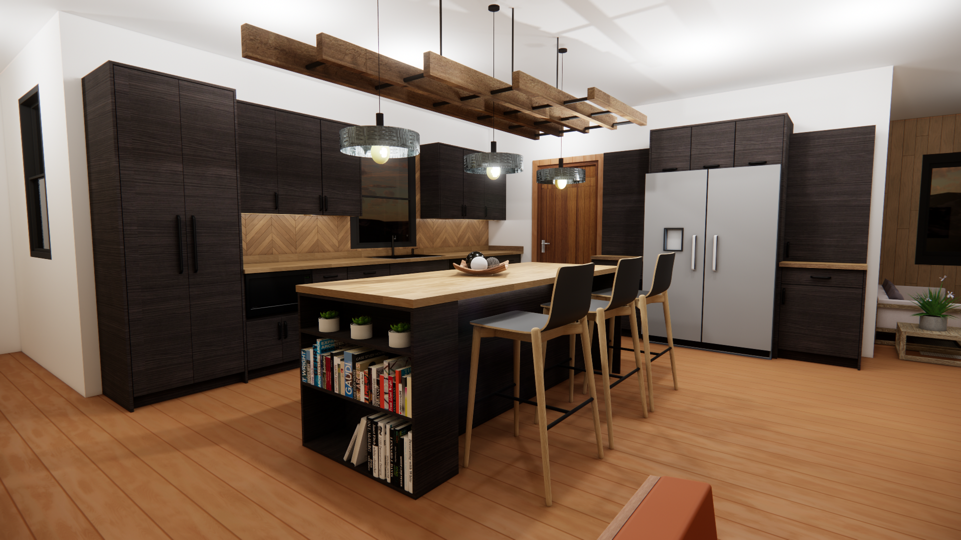 Modern kitchen with dark wood cabinets, a large wooden island with bookshelves, three barstools, pendant lights, and a refrigerator, with wooden flooring and a wooden door.
