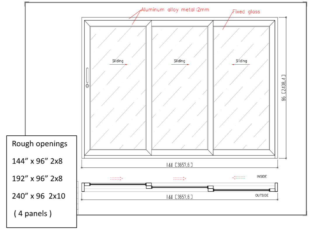 Technical drawing of a sliding glass door with annotations indicating material, dimensions, and components, including fixed glass and aluminum alloy frame.