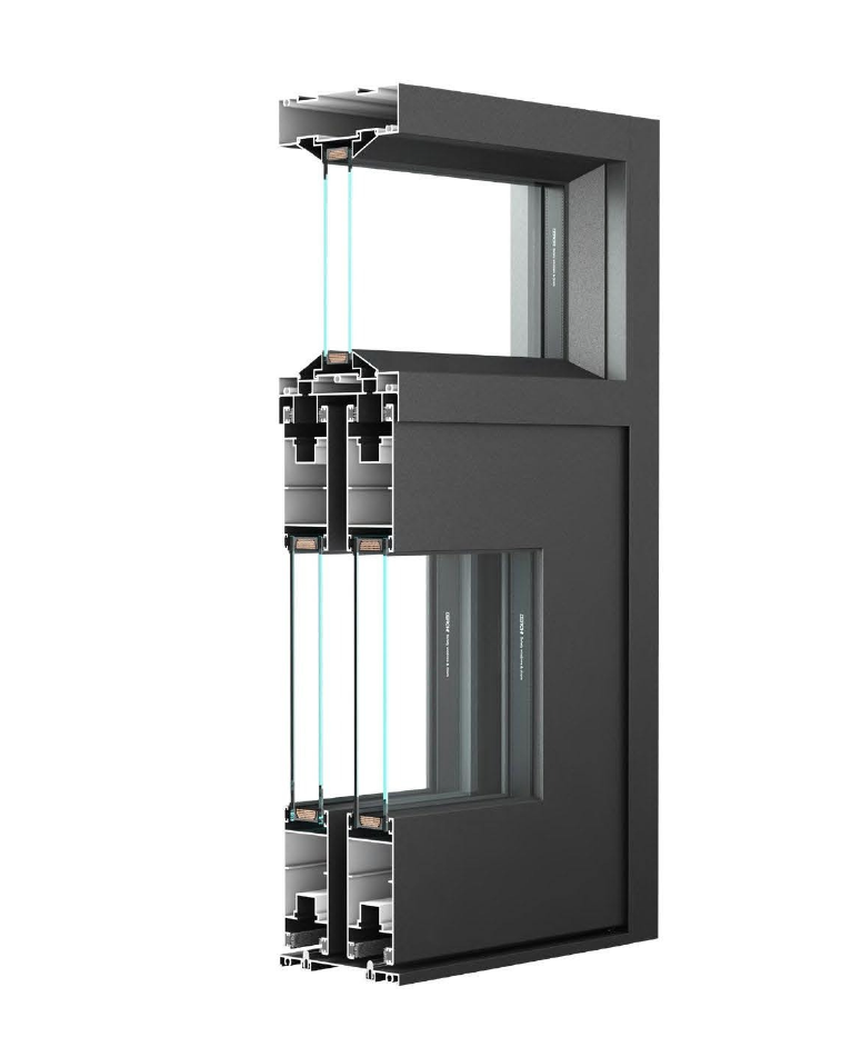Cross-section of a black window frame with double-pane glass showing the internal structure and insulation.