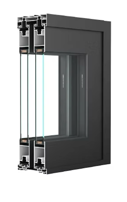 Cross-section of a modern black window frame showing glass panes and internal structural components.