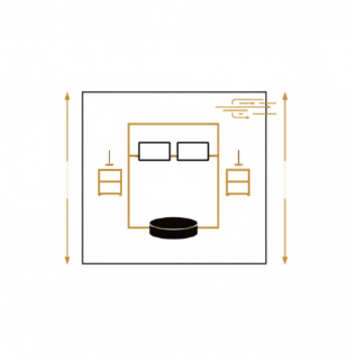 Geometric drawing of an outline square with sections divided by vertical, horizontal, and circle lines.