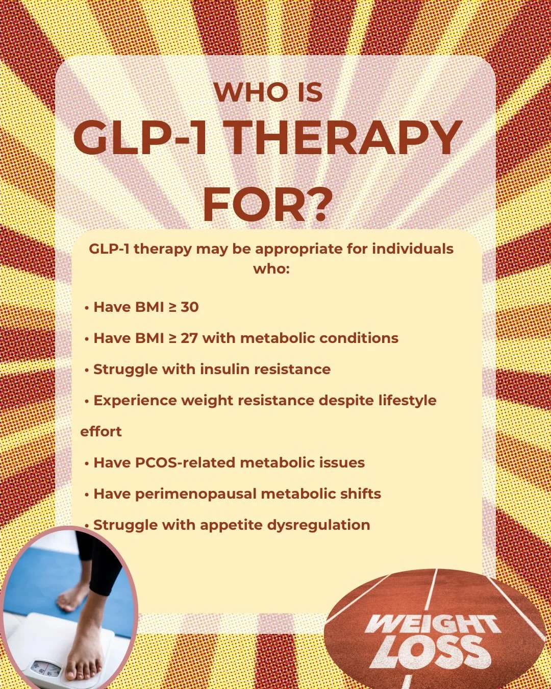 📍Are you a candidate for GLP-1 Therapy? 

Beneficial effects of GLP-1 receptor agonists are not just weight loss but also:
- Cardiovascular risk reduction
- Reduced cravings
- Improved cholesterol panels
-Improved insulin sensitivity 
-Improved bloo