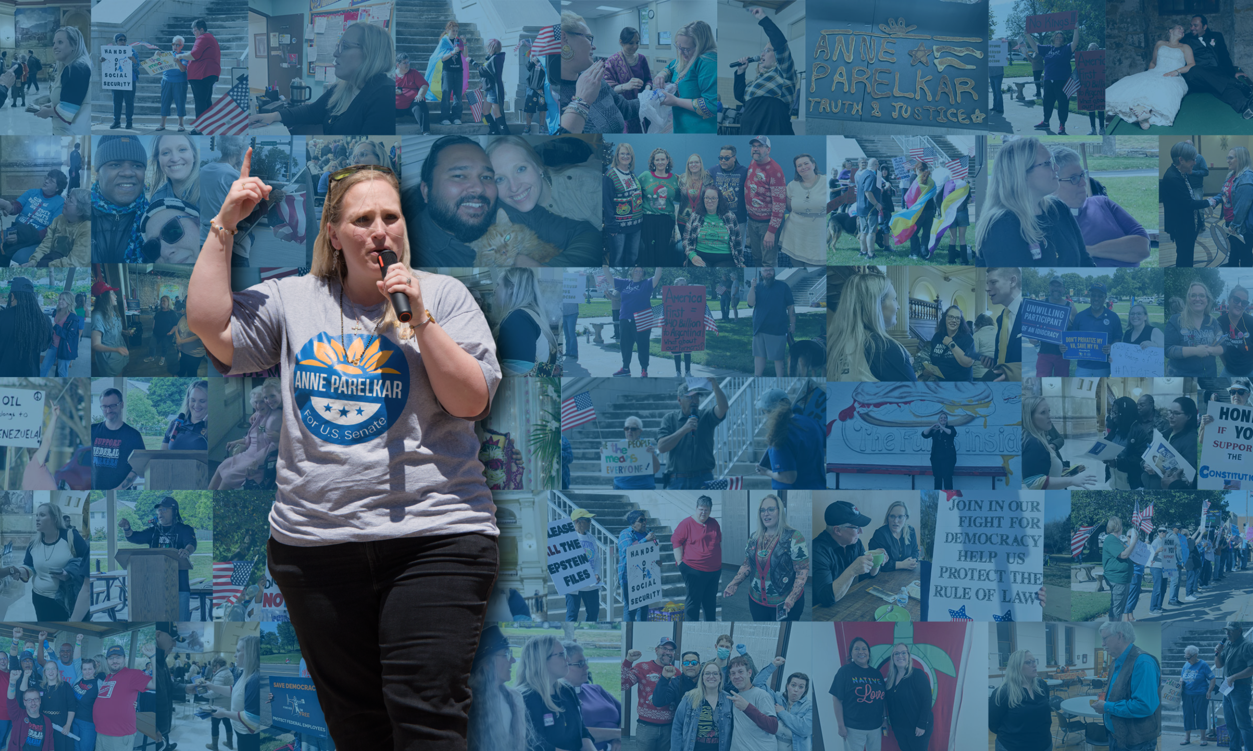 Photo of Anne Parelkar speaking into a microphone, overlaid in front of a collage of photos of different people and events from along the campaign trail.