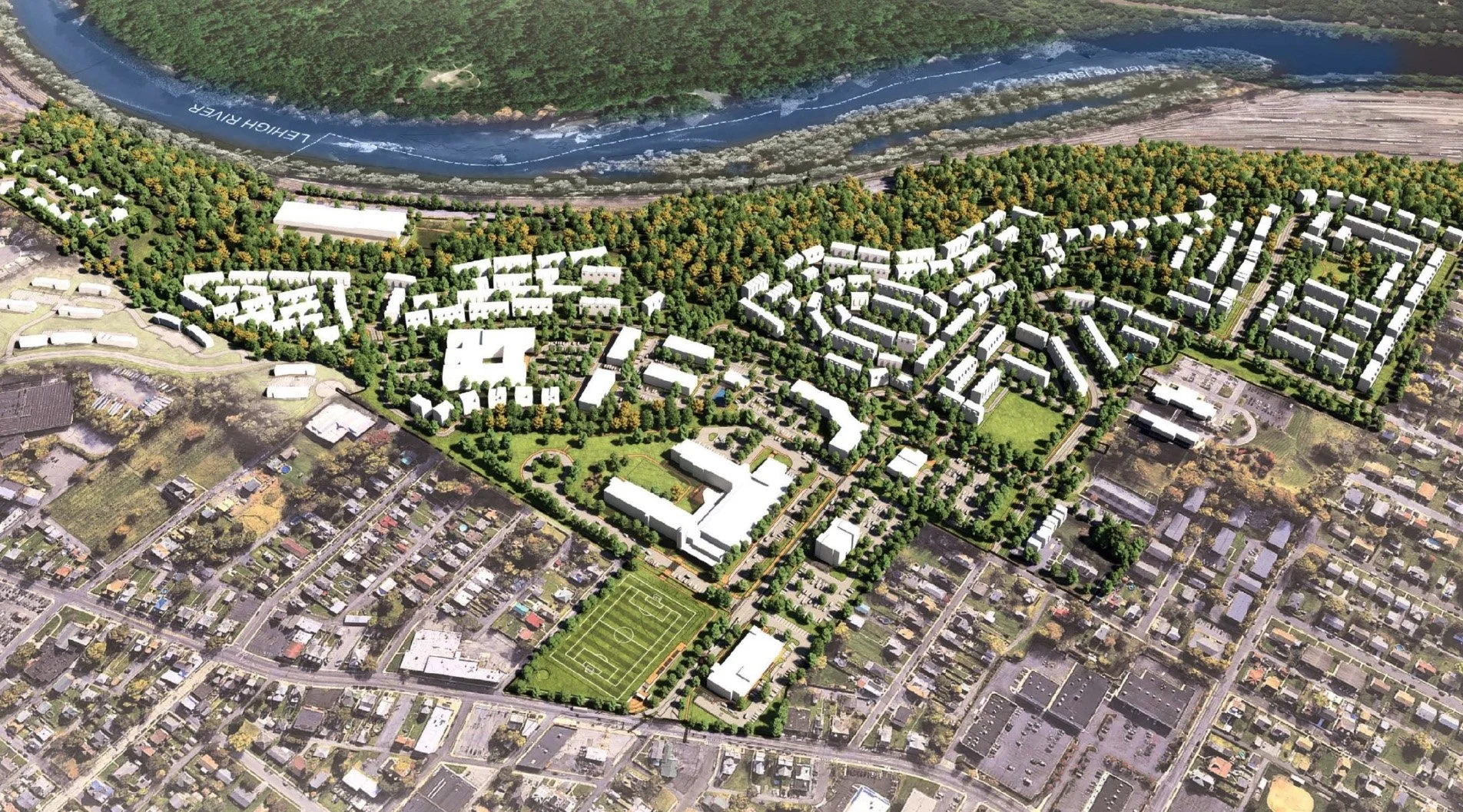 A detailed urban planning map showing residential, commercial, and recreational areas with a river at the top of the image.
