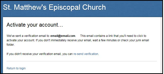 Step 3: Fellowship One notifies you that a verification email was sent to your email account.