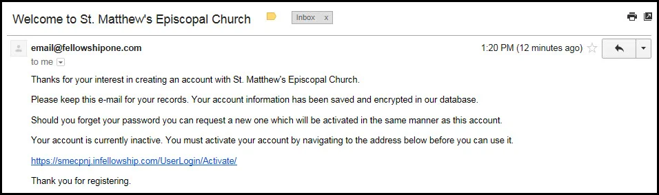 Step 4: Find the Fellowship One email in your Inbox, and click on the provided link to activate your account.