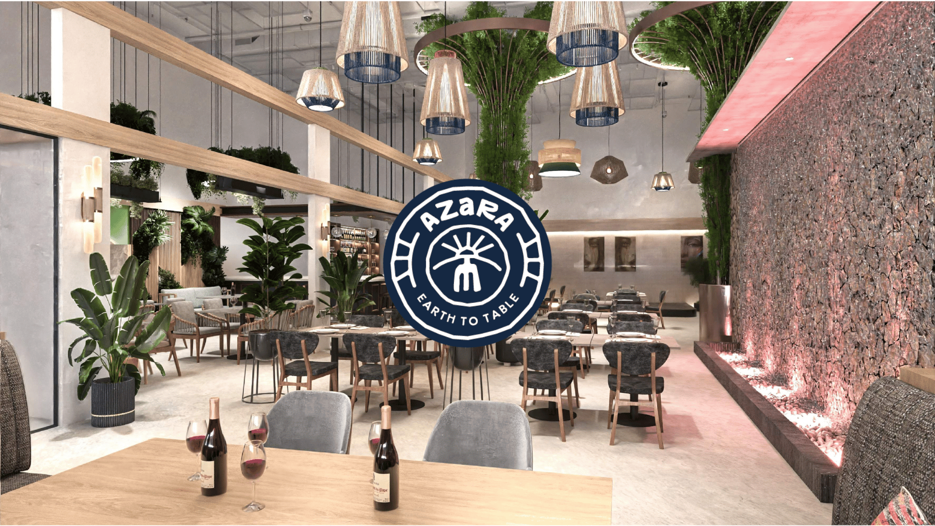 Interior of a modern, stylish restaurant with plants, hanging lights, and a sign with the AZARA logo and the phrase Earth to Table.