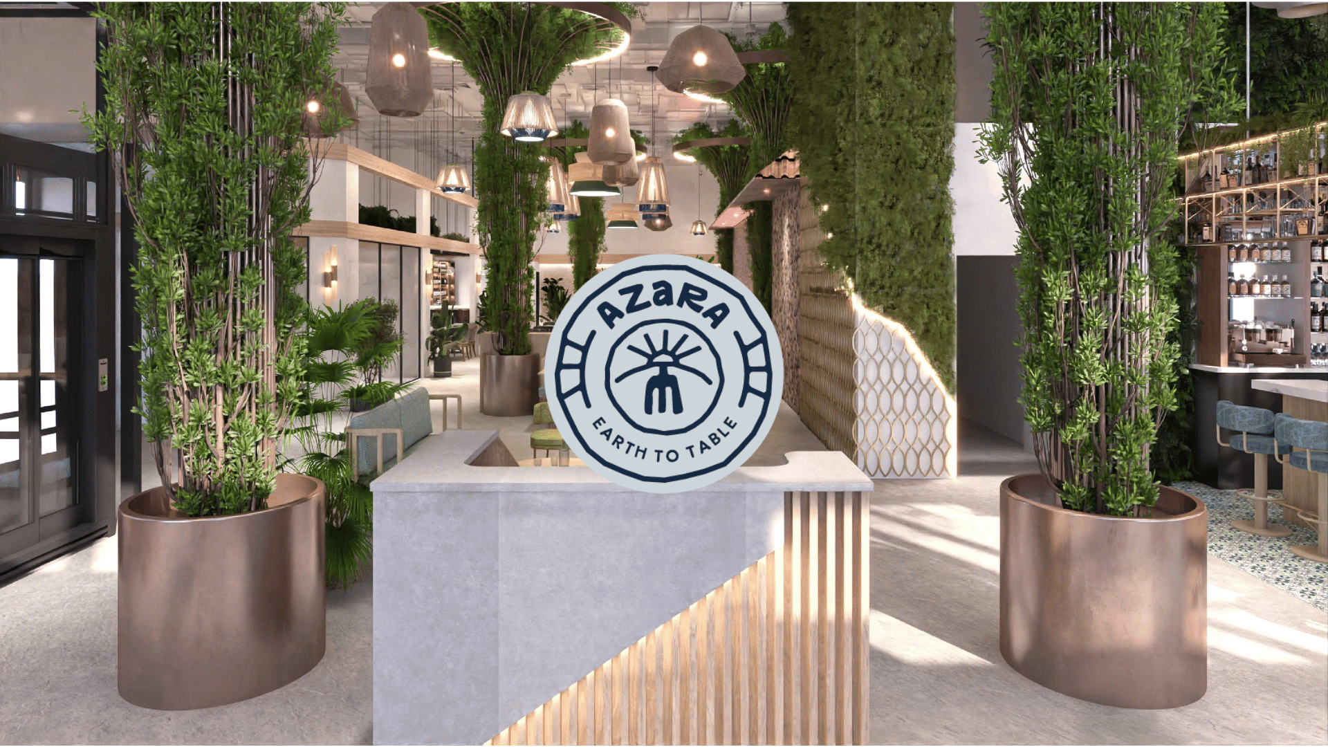 Modern restaurant interior with lush green plants, decorative lighting, and a circular Azara logo on a white reception counter that reads 'Earth to Table'.