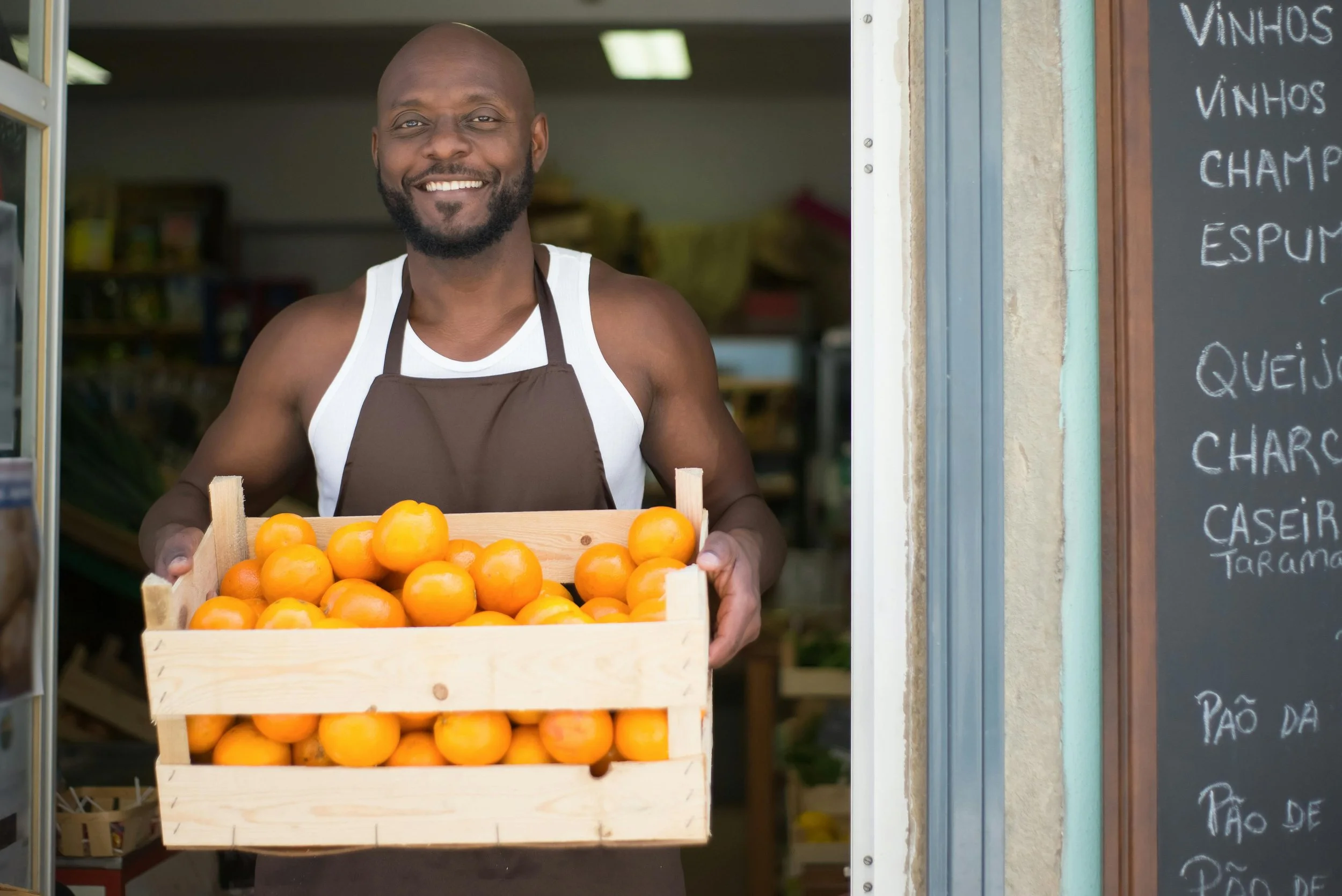 happy man in a shop holding a box of oranges