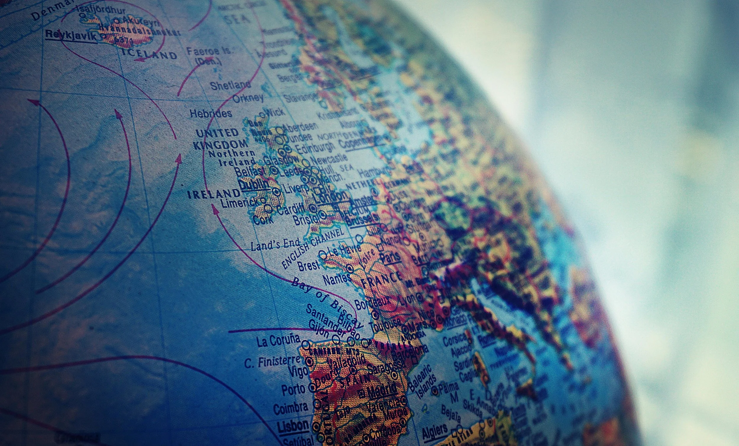 Close up image of europe on a globe