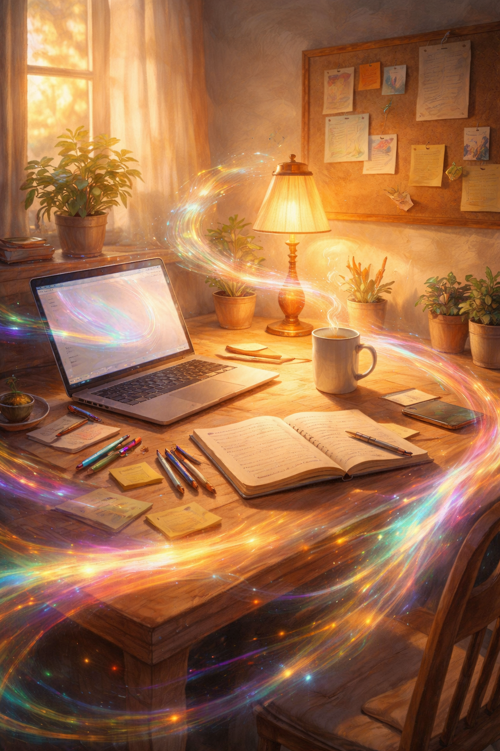 A writer's desk with an open journal, laptop and coffee, representing the micro storytelling process