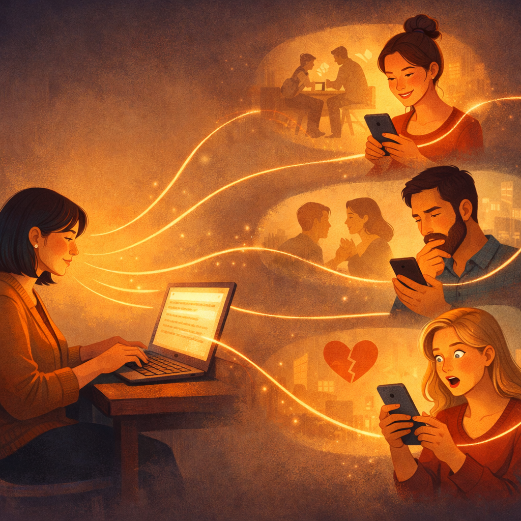 A business owner writing content at a laptop, with glowing lines connecting her story to different readers experiencing their own relationship moments