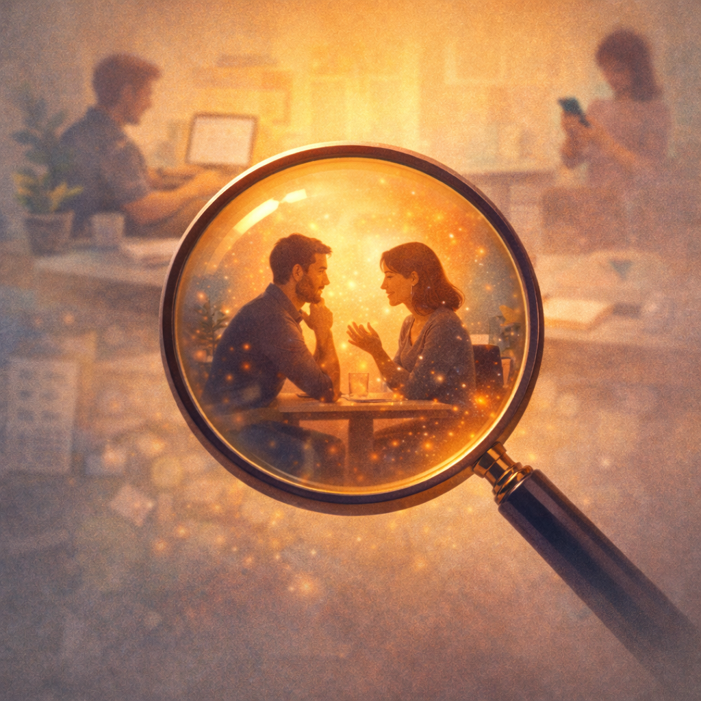 A magnifying glass highlighting a specific intimate conversation between two people against a blurred background, representing how brand storytelling zooms in on real moments that connect