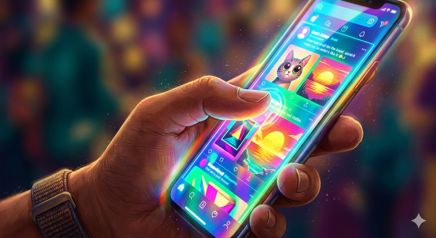 Illustration of a hand scrolling a social media feed, representing how micro storytelling examples stop the scroll on Instagram, LinkedIn and other platforms.