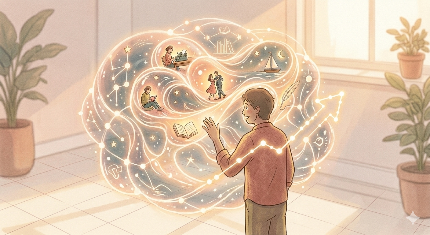 Illustrated figure gesturing toward a glowing cloud of interconnected story scenes and constellations, representing how a storytelling framework helps service providers shape and connect their ideas into content