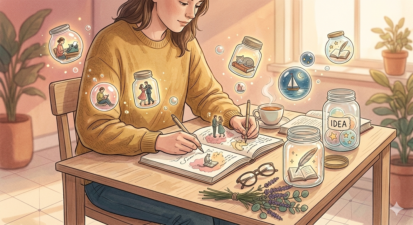 Illustrated woman writing in a journal at a desk surrounded by glowing jars containing story ideas and scenes, representing micro storytelling techniques and the practice of keeping a story bank for content writing