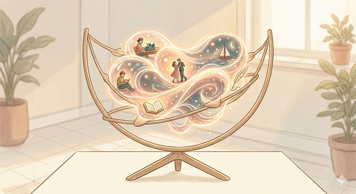 Illustrated wooden cradle holding a glowing cloud of story scenes including a dancer, a sailboat, and a reader, representing how a storytelling structure in marketing gives your ideas a container to live inside
