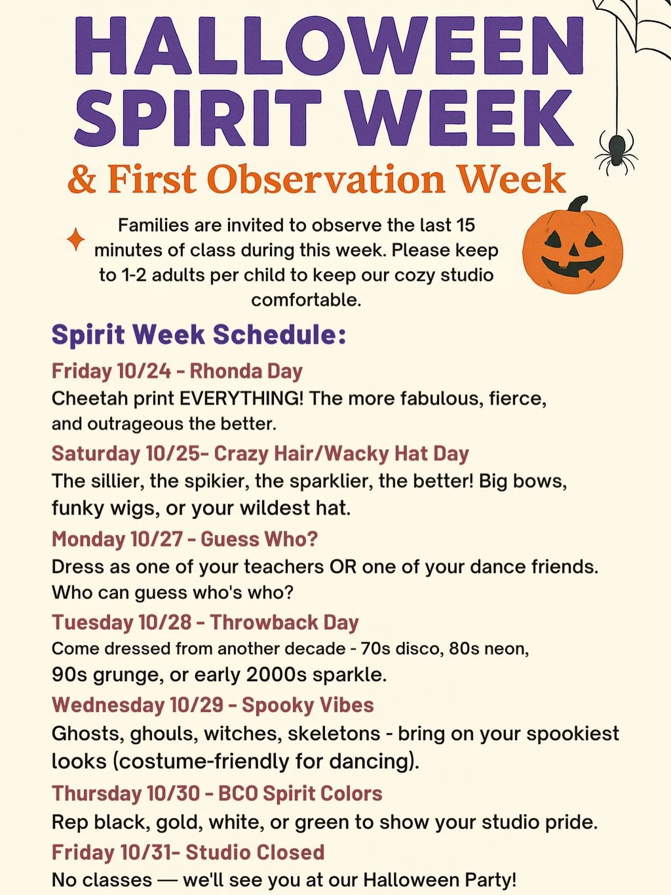 ✨ It&rsquo;s here, our favorite time of year! Dress up, get spooky, and spread some cheer. Cheetah spots, wigs, and costumes too, Spirit Week&rsquo;s waiting just for YOU! 

From disco days to spooky nights, Show your colors, bold and bright. And don