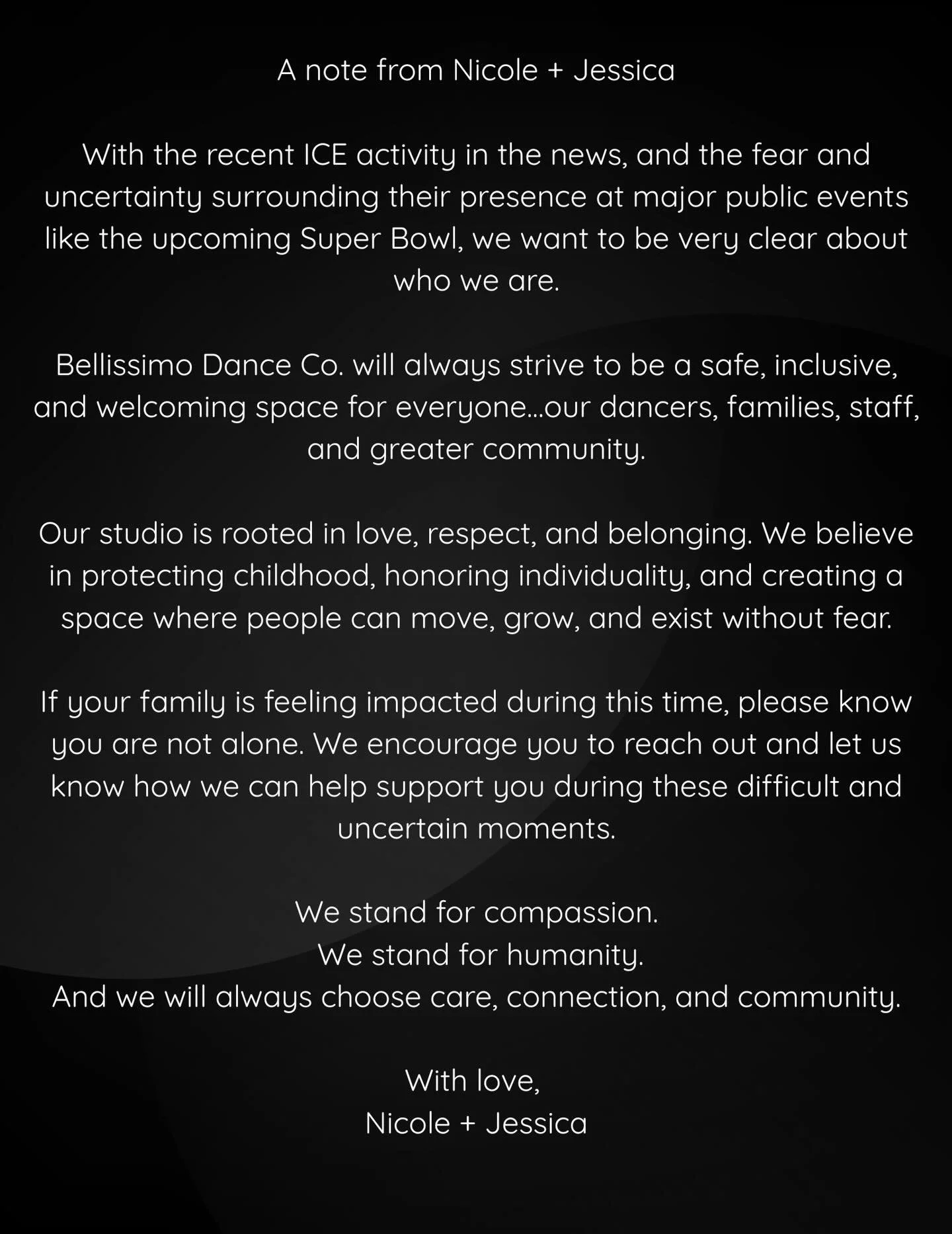 We stand for compassion.
We stand for humanity.
And we will always choose care, connection, and community. 

With love,
Nicole + Jessica