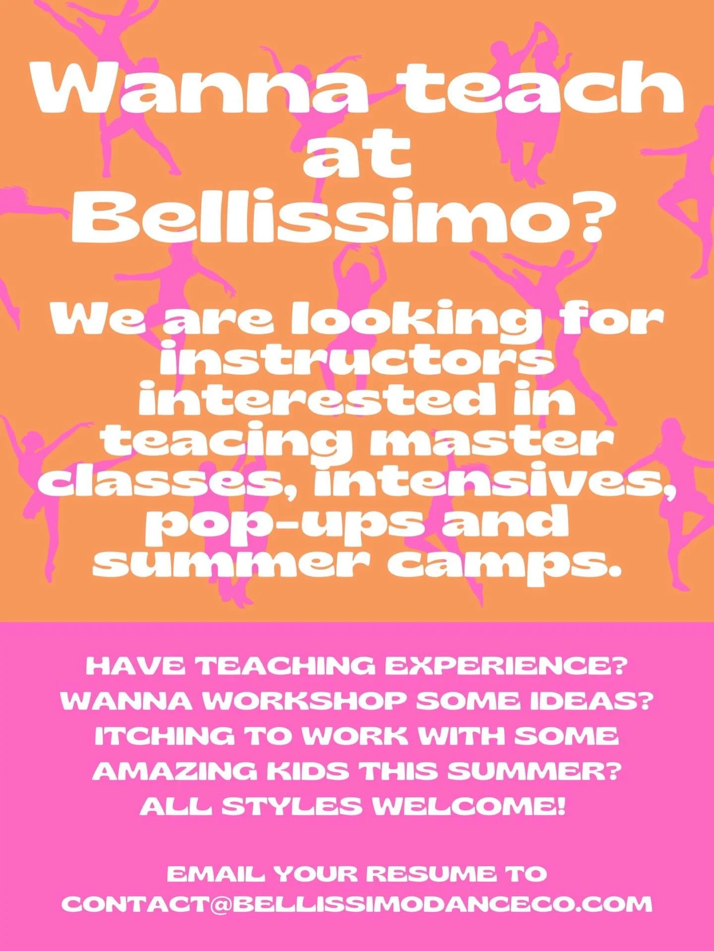 We are looking to expand our teaching staff a bit. If you or someone you know is interested in running dance camps, intensives, pop-ups or master classes, look no further! We have tons of opportunities and are open to all genres of dance. 

Email you