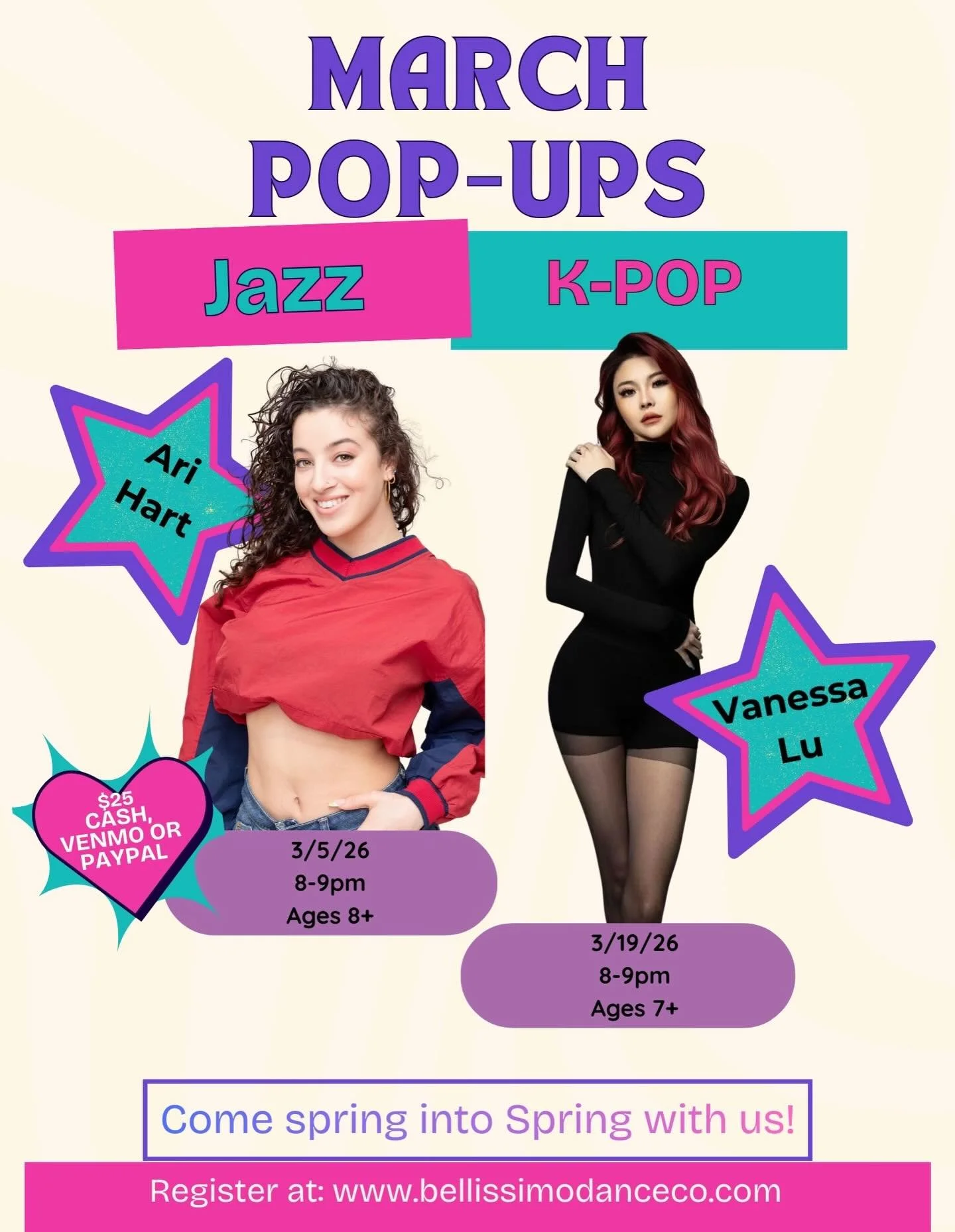 🌸SPRING INTO SPRING WITH OUR MARCH POP-UPS🌸

3/5 Jazz with @arianahart_ 

3/19 KPOP with @vanessaluofficial 

Register at bellissimodanceco.com
Exact cash, Venmo or PayPal accepted at the door. 

#bellissimodanceco #popups #jazzdance #kpop #nilesca