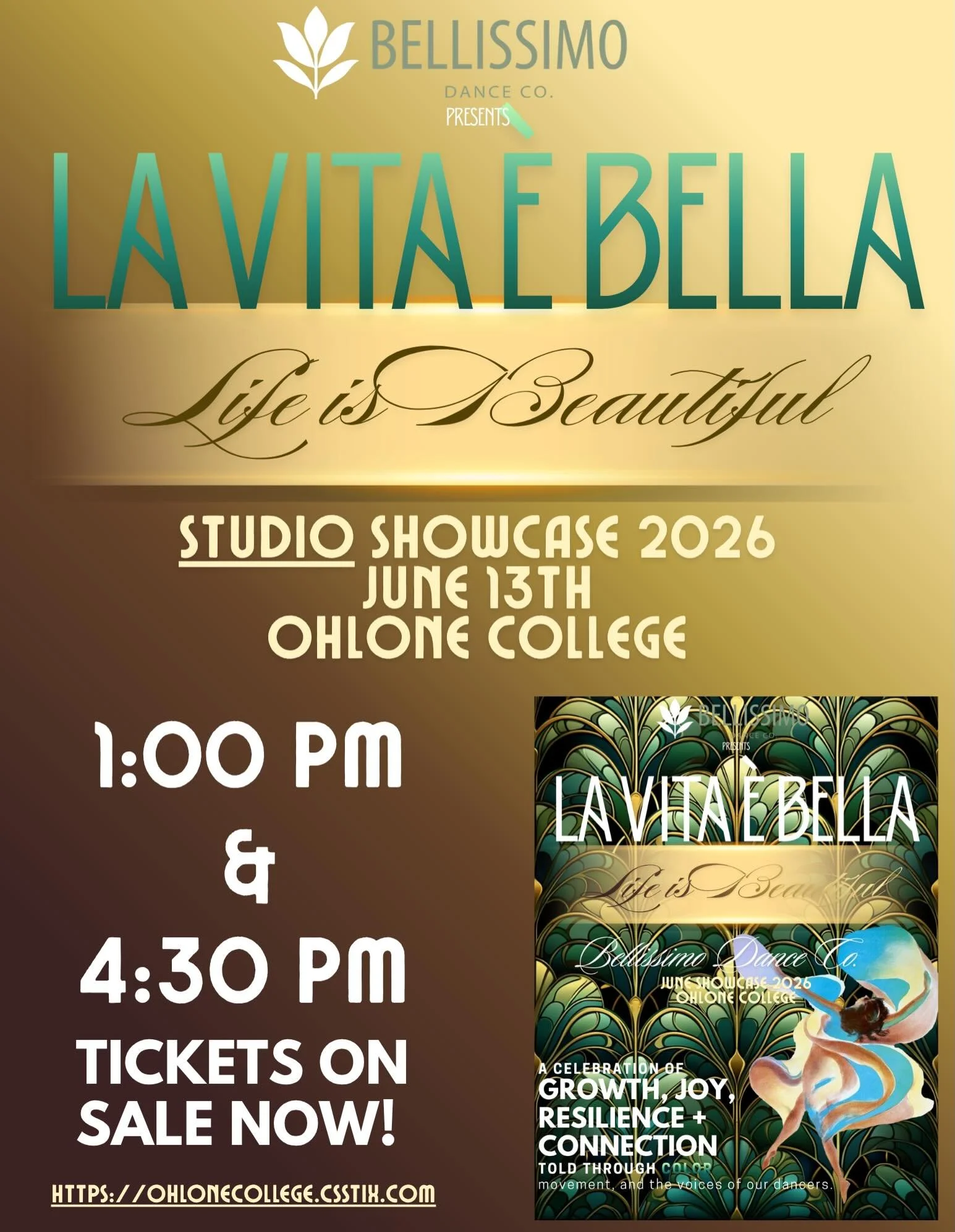 Come celebrate our inaugural season with  La Vita &egrave; Bella! 

June 13th + 14th at Ohlone College. 

✨Studio Showcase 6/13✨
La Vita &egrave; Bella celebrates the full journey- growth, joy, challenge, and connection. Through four color-inspired a