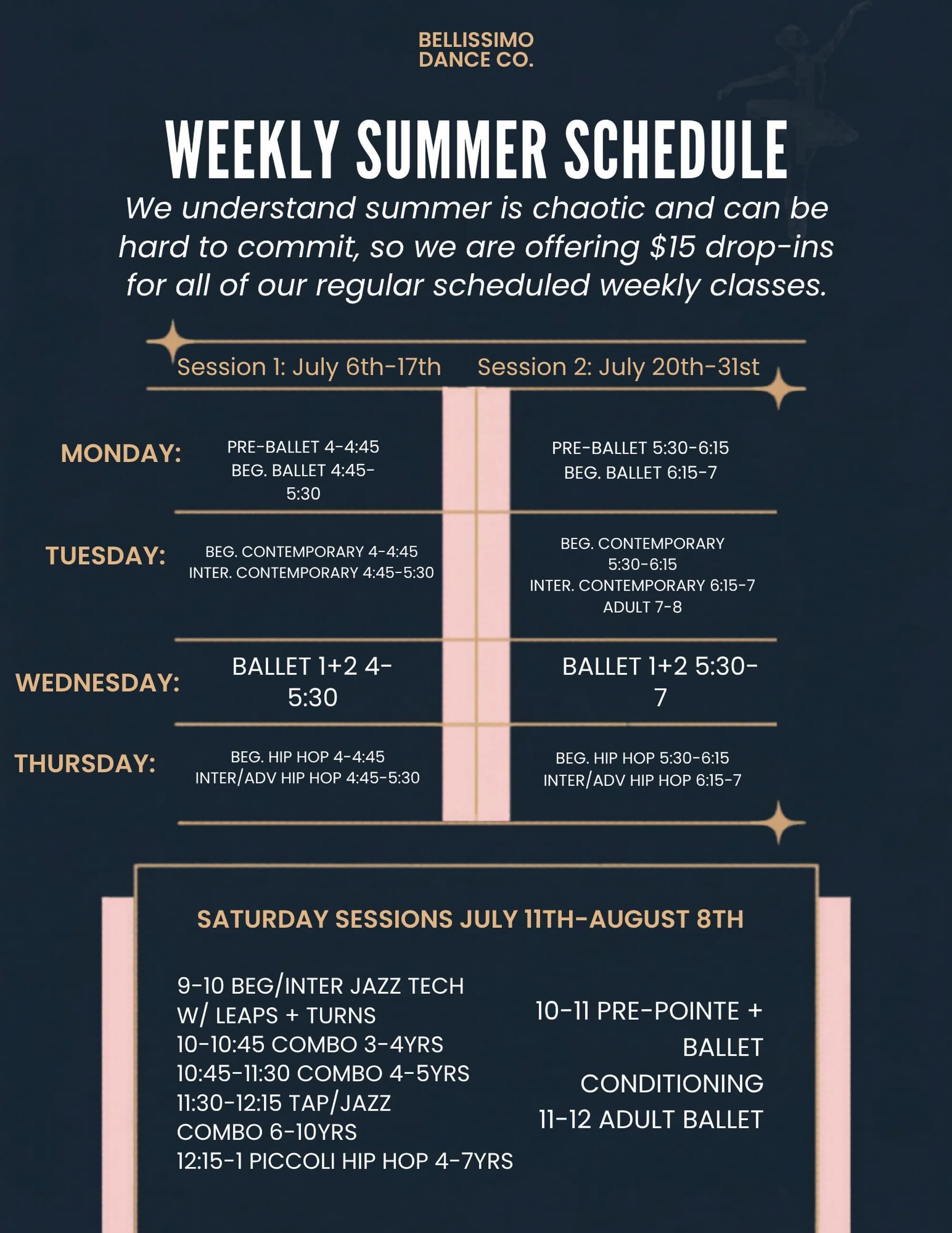 Looking to train throughout summer? Check-out our weekly schedule! Drop-ins offered for all classes, registration now open.

✨Link In Bio✨

#summersessions #bellissimodanceco #cometrainwithus