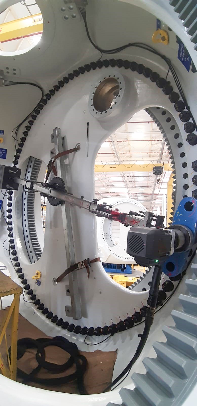 inside the GE Haliade-X nacelle showing the AcraDyne DC Nutrunner used to bolt the blade bearings