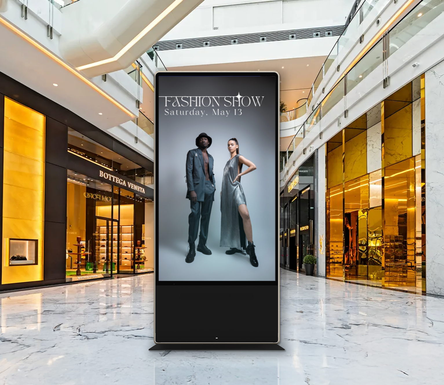 A large display kiosk in a retail mall, displaying local advertisement.