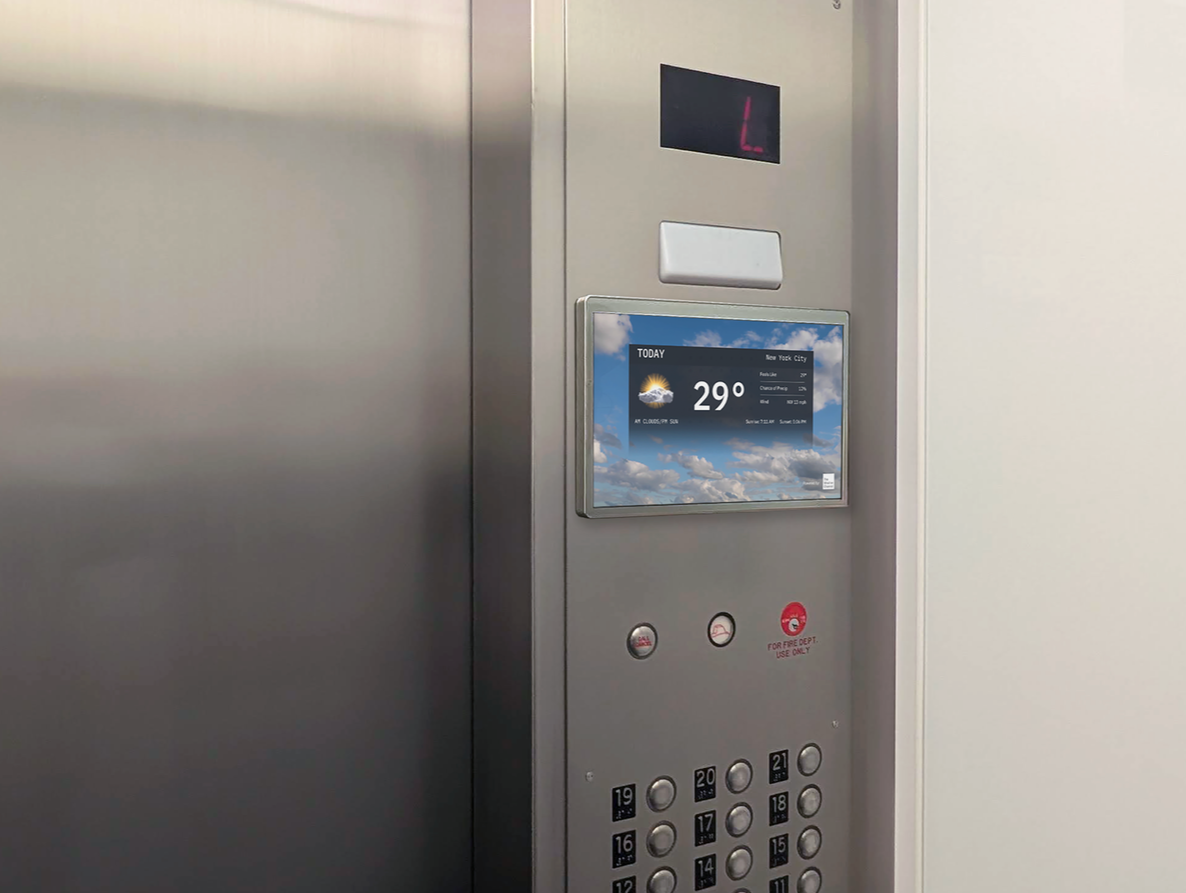 Small digital screen in an elevator, displaying the local weather forecast.