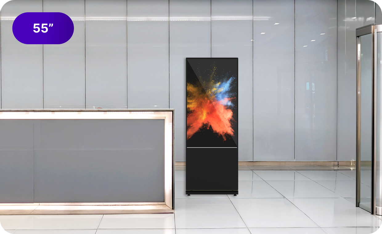 A 55 inch digital kiosk in an building lobby.