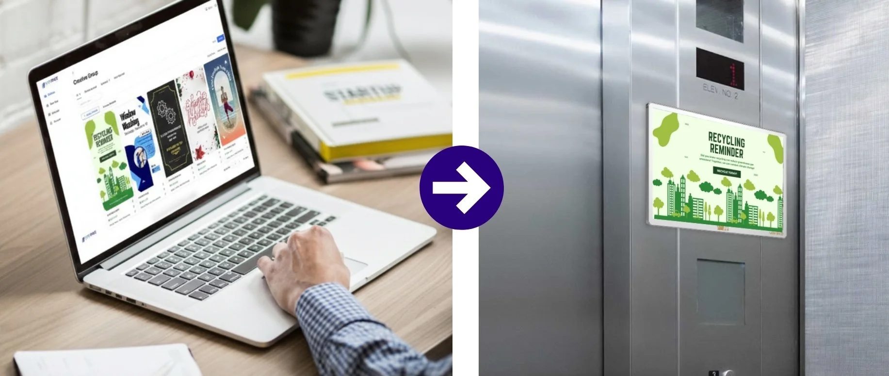 A laptop showing the interface for Life Space Digital's CMS, LINX. Followed by an image display a custom property message on an elevator screen.