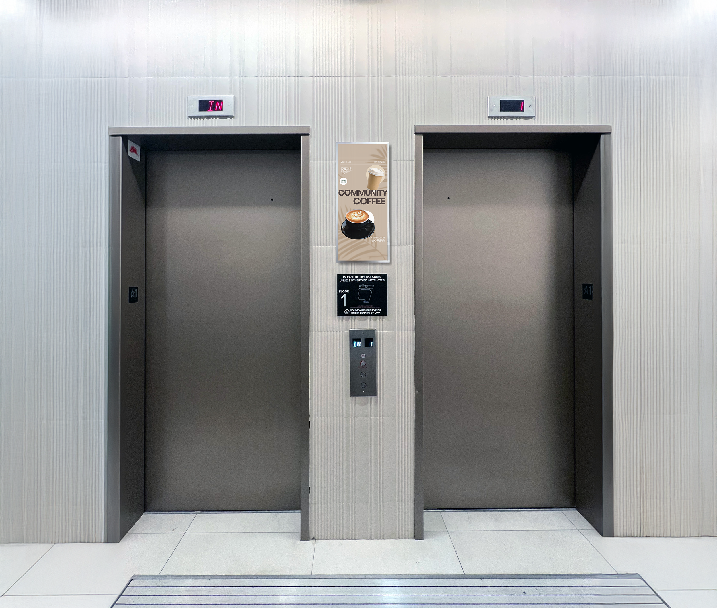 Display located in the elevator bank of a residential building, showcasing a digital notice for community coffee for residents.