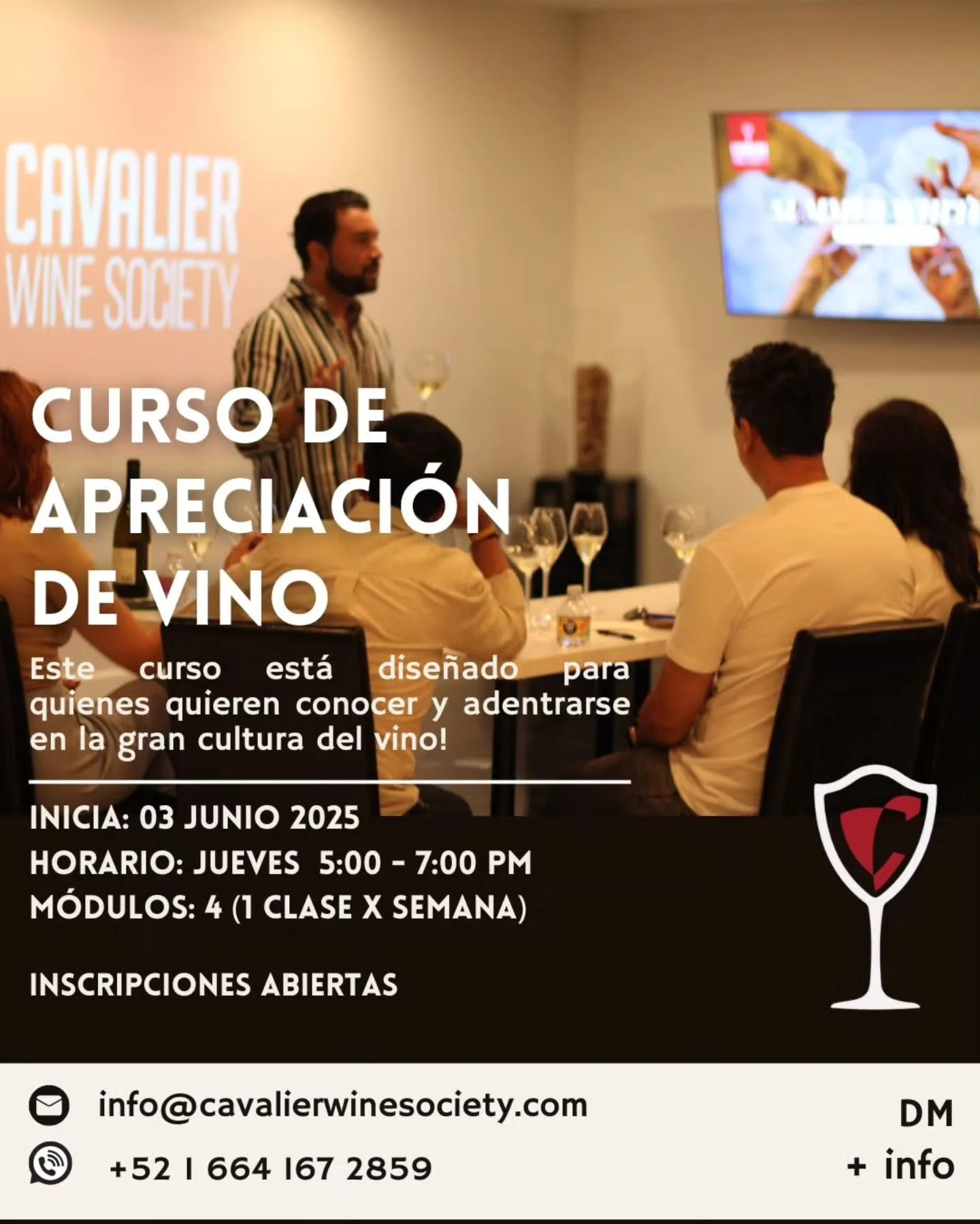 📣 Curso de Apreciación de Vinos 📣
¡ Aprende, disfruta y conoce gente con tu mismo amor por el vino 🍷 !
En este curso aprenderás a como catar de forma correcta, distinguir los distintos estilos de vino, regiones y las variedades más impo