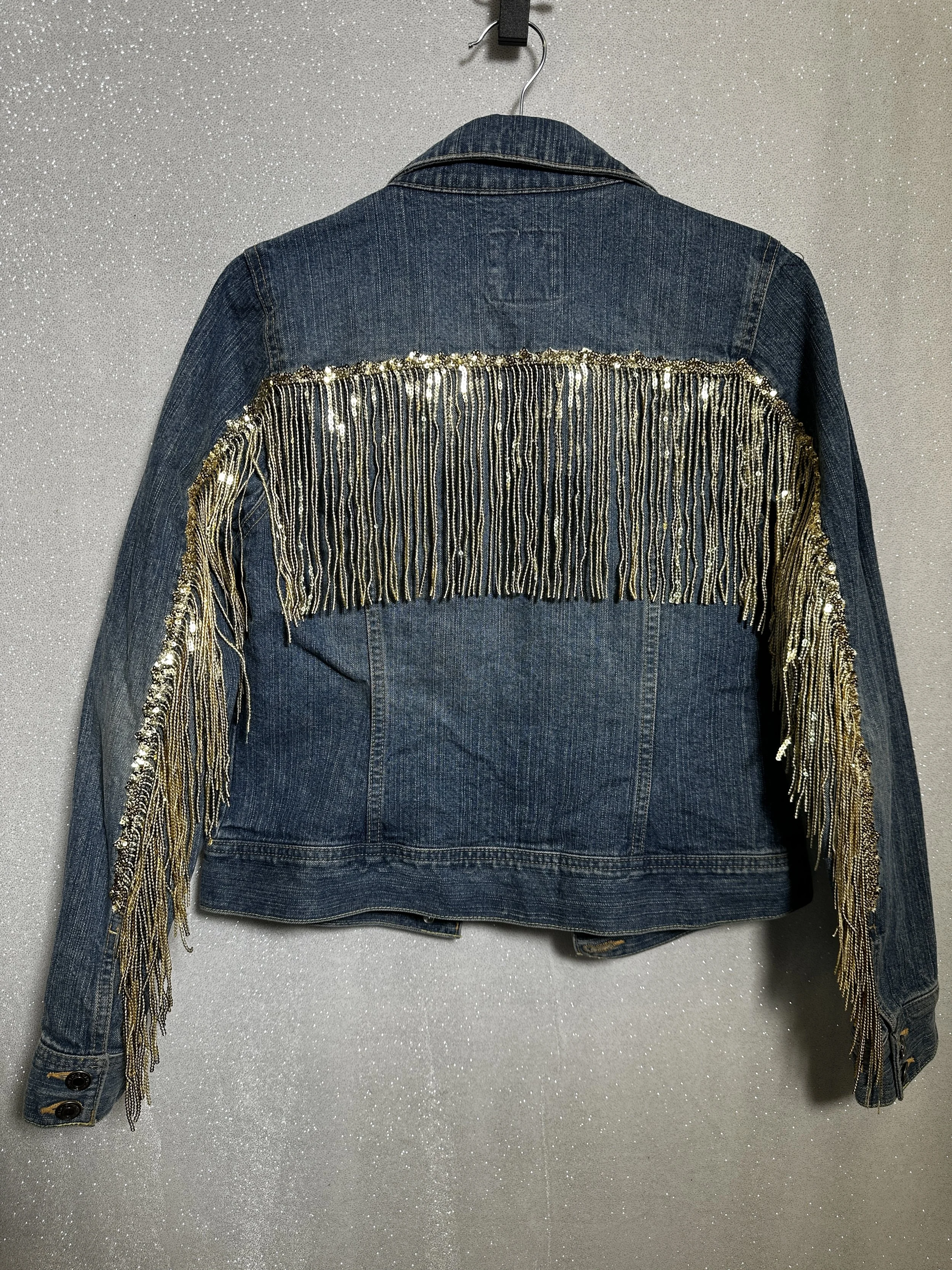 Back of a denim jacket with sequined fringe details on the back and sleeves, hanging on a hanger against a grey background.