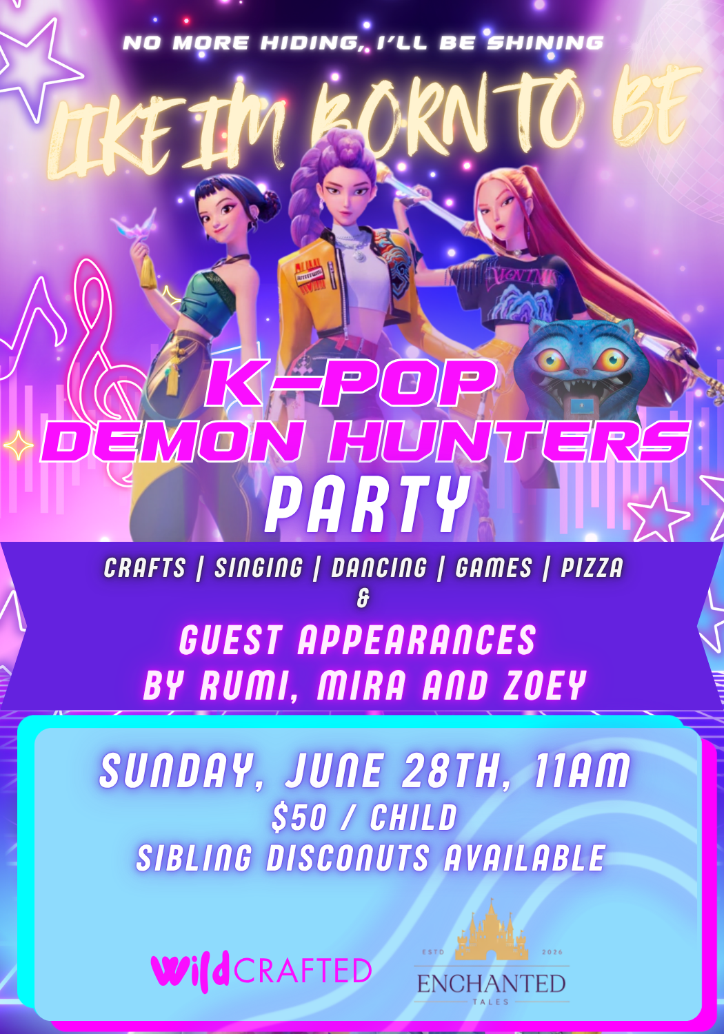 K-Pop Demon Hunters Craft Party at WILDcrafted in Waldwick, NJ. Join us for a 2-hour kids event filled with themed crafts, singing, dancing, pizza, and special guest appearances by the Huntr/X girls. A fun interactive experience for K-pop fans and cr