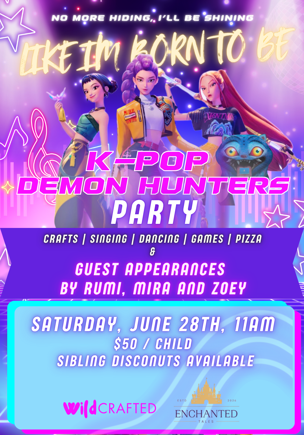 K-Pop Demon Hunters Craft Party at WILDcrafted in Waldwick, NJ. Join us for a 2-hour kids event filled with themed crafts, singing, dancing, pizza, and special guest appearances by the Huntr/X girls. A fun interactive experience for K-pop fans and cr
