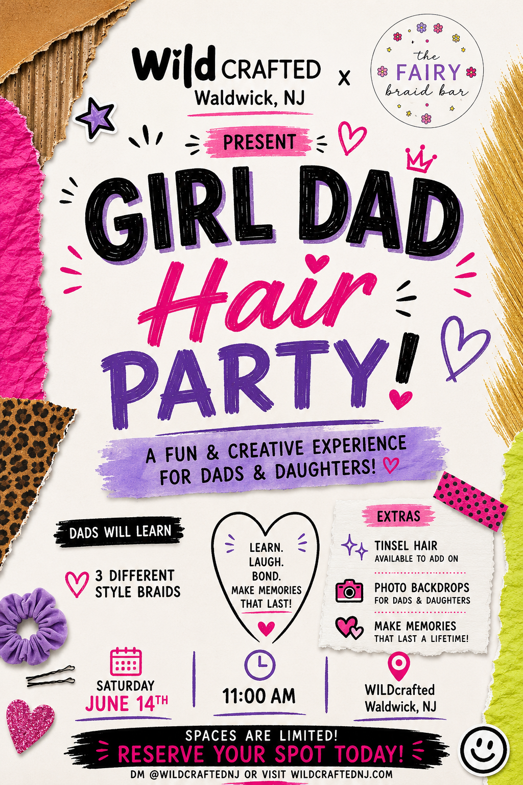 Girl Dad Hair Party at WILDcrafted in Waldwick, NJ. A creative dad and daughter braid workshop featuring hair braiding lessons, photo backdrops, and optional fairy hair add-ons.